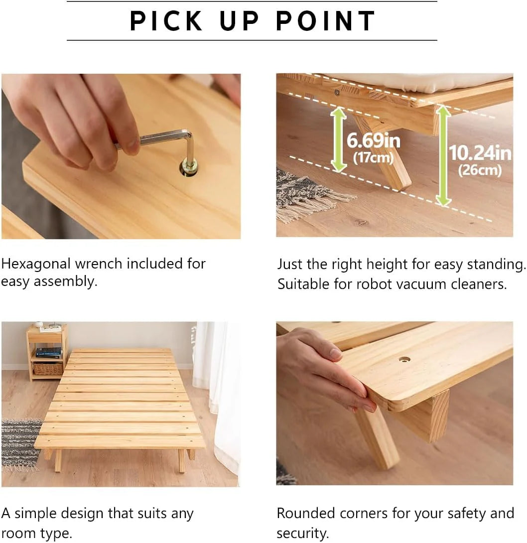 Foldable Wood Slatted Floor Bed Frame OSMOS Twin Solid Pine (Earth-Natural), Easy Assembly Space Saving Storable Floor Life Tatami