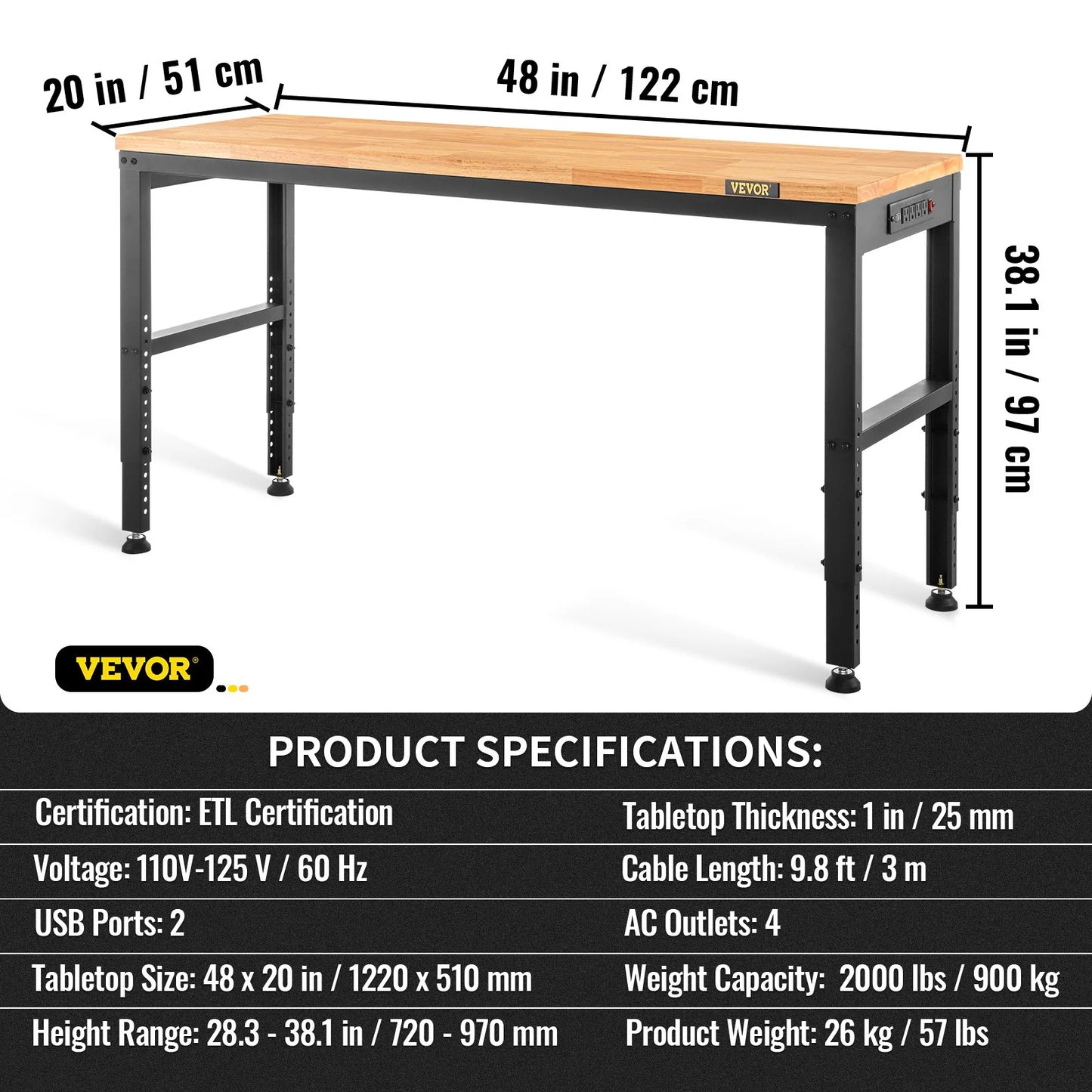 VEVOR Workbench Adjustable Height, 48 L X 20 W X 38.1 H Garage Table W/ 28.3 - 38.1 Heights & 2000 LBS Load Capacity, with Power Outlets & Hardwood Top & Metal Frame & Foot Pads, for Office Home