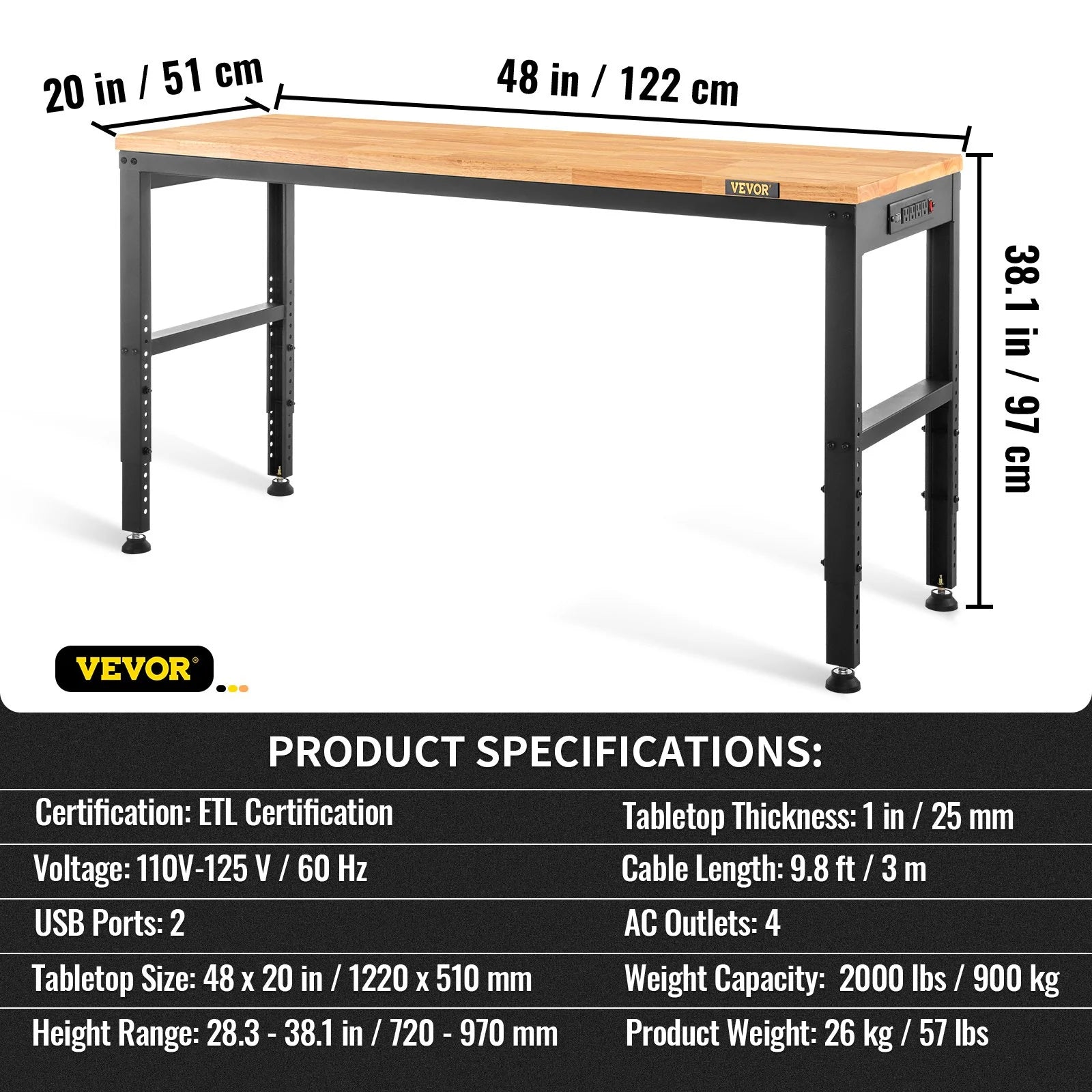 VEVOR Workbench Adjustable Height, 48 L X 20 W X 38.1 H Garage Table W/ 28.3 - 38.1 Heights & 2000 LBS Load Capacity, with Power Outlets & Hardwood Top & Metal Frame & Foot Pads, for Office Home