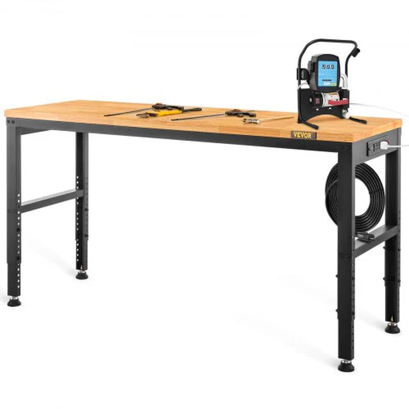 VEVOR Workbench Adjustable Height, 48 L X 20 W X 38.1 H Garage Table W/ 28.3 - 38.1 Heights & 2000 LBS Load Capacity, with Power Outlets & Hardwood Top & Metal Frame & Foot Pads, for Office Home