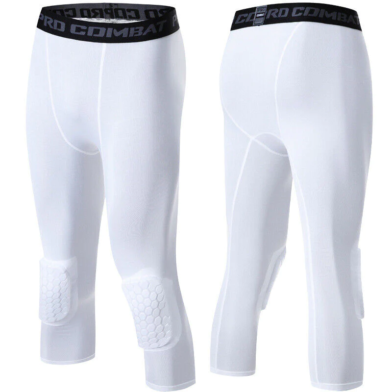 Men'S Basketball Sports Tight Pants 3/4 Compression Workout Leggings Knee Pads