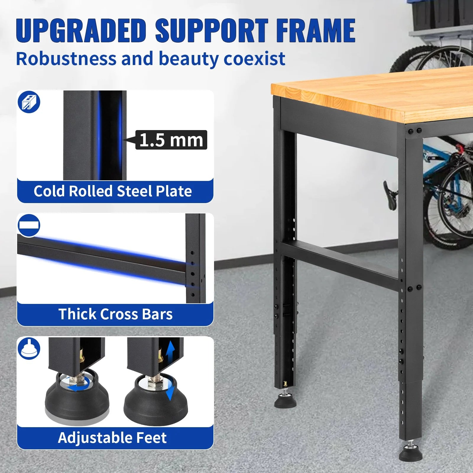 VEVOR Workbench Adjustable Height, 48 L X 20 W X 38.1 H Garage Table W/ 28.3 - 38.1 Heights & 2000 LBS Load Capacity, with Power Outlets & Hardwood Top & Metal Frame & Foot Pads, for Office Home