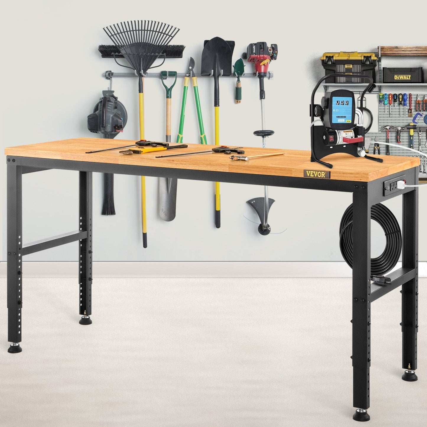 VEVOR Workbench Adjustable Height, 48 L X 20 W X 38.1 H Garage Table W/ 28.3 - 38.1 Heights & 2000 LBS Load Capacity, with Power Outlets & Hardwood Top & Metal Frame & Foot Pads, for Office Home