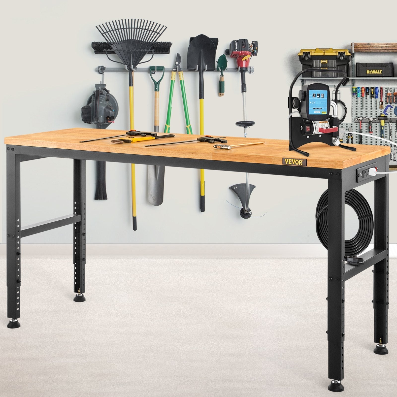 VEVOR Workbench Adjustable Height, 48 L X 20 W X 38.1 H Garage Table W/ 28.3 - 38.1 Heights & 2000 LBS Load Capacity, with Power Outlets & Hardwood Top & Metal Frame & Foot Pads, for Office Home