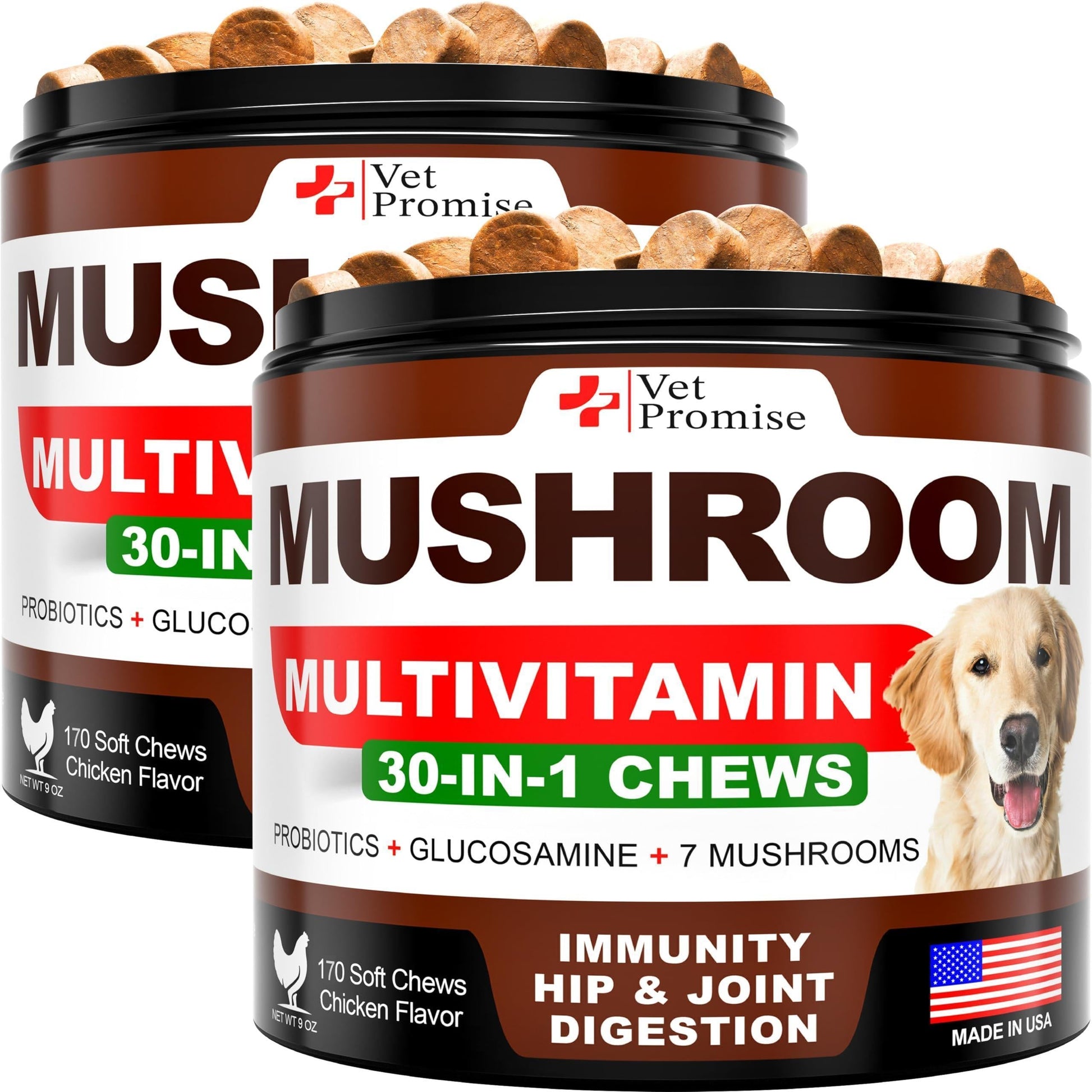 (2 Pack) Mushroom for Dogs 340 Chews Turkey Tail Mushroom Supplement for Dogs Lions Mane Reishi Immunity Support Multivitamin Vitamins Joint Health Energy Gut Skin Made in USA