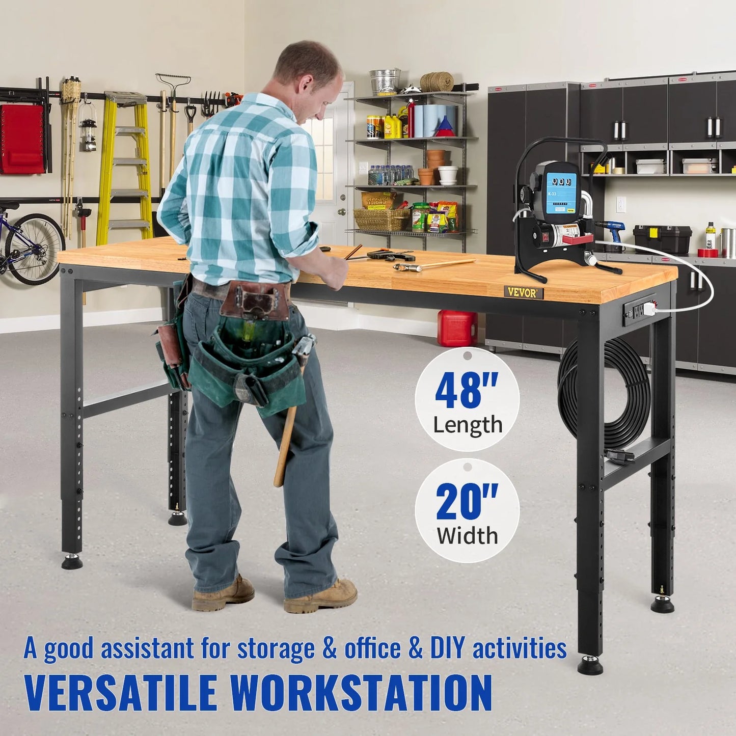 VEVOR Workbench Adjustable Height, 48 L X 20 W X 38.1 H Garage Table W/ 28.3 - 38.1 Heights & 2000 LBS Load Capacity, with Power Outlets & Hardwood Top & Metal Frame & Foot Pads, for Office Home