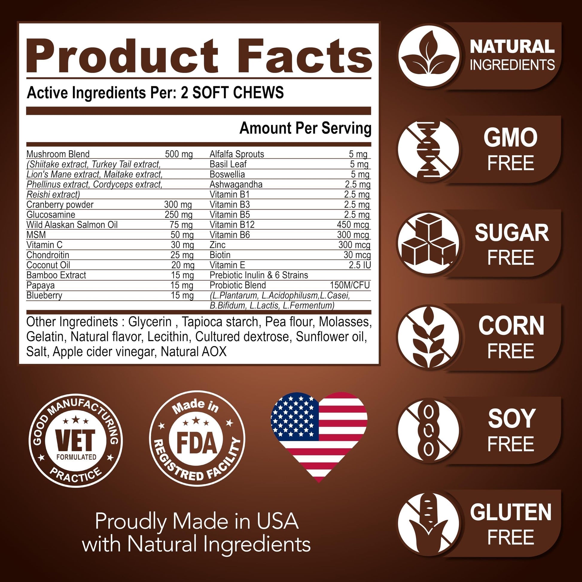 (2 Pack) Mushroom for Dogs 340 Chews Turkey Tail Mushroom Supplement for Dogs Lions Mane Reishi Immunity Support Multivitamin Vitamins Joint Health Energy Gut Skin Made in USA