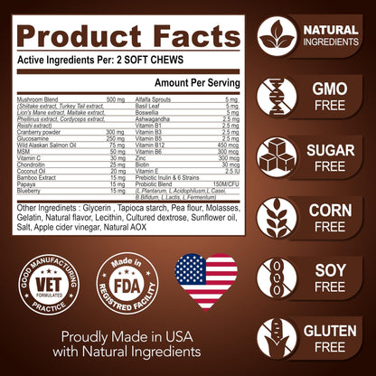 (2 Pack) Mushroom for Dogs 340 Chews Turkey Tail Mushroom Supplement for Dogs Lions Mane Reishi Immunity Support Multivitamin Vitamins Joint Health Energy Gut Skin Made in USA