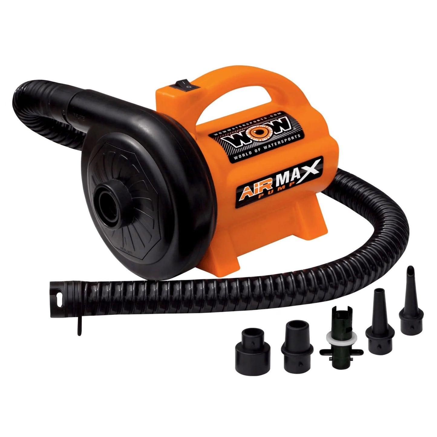WOW Watersports AIR MAX PUMP with 5 Universal Valve Adapters and 12Ft Cord